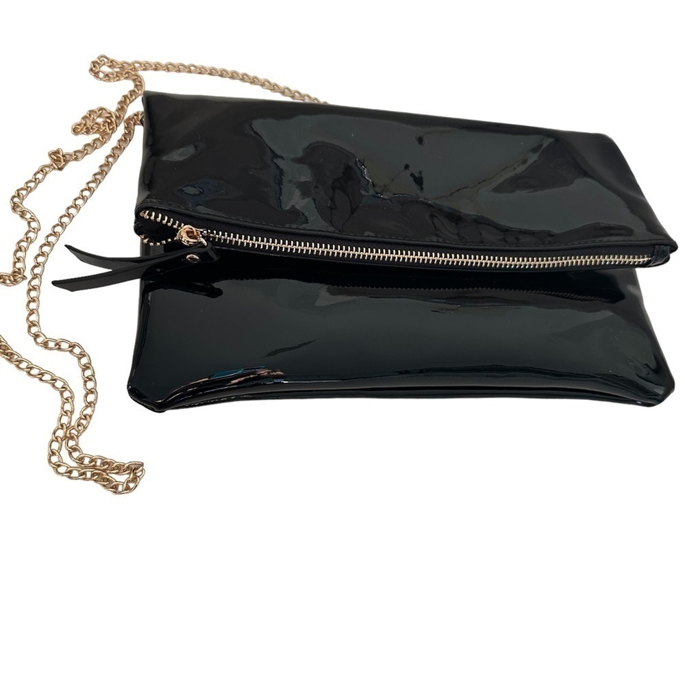 Black Patent Leather Gold Chain “J” Crossbody Clutch